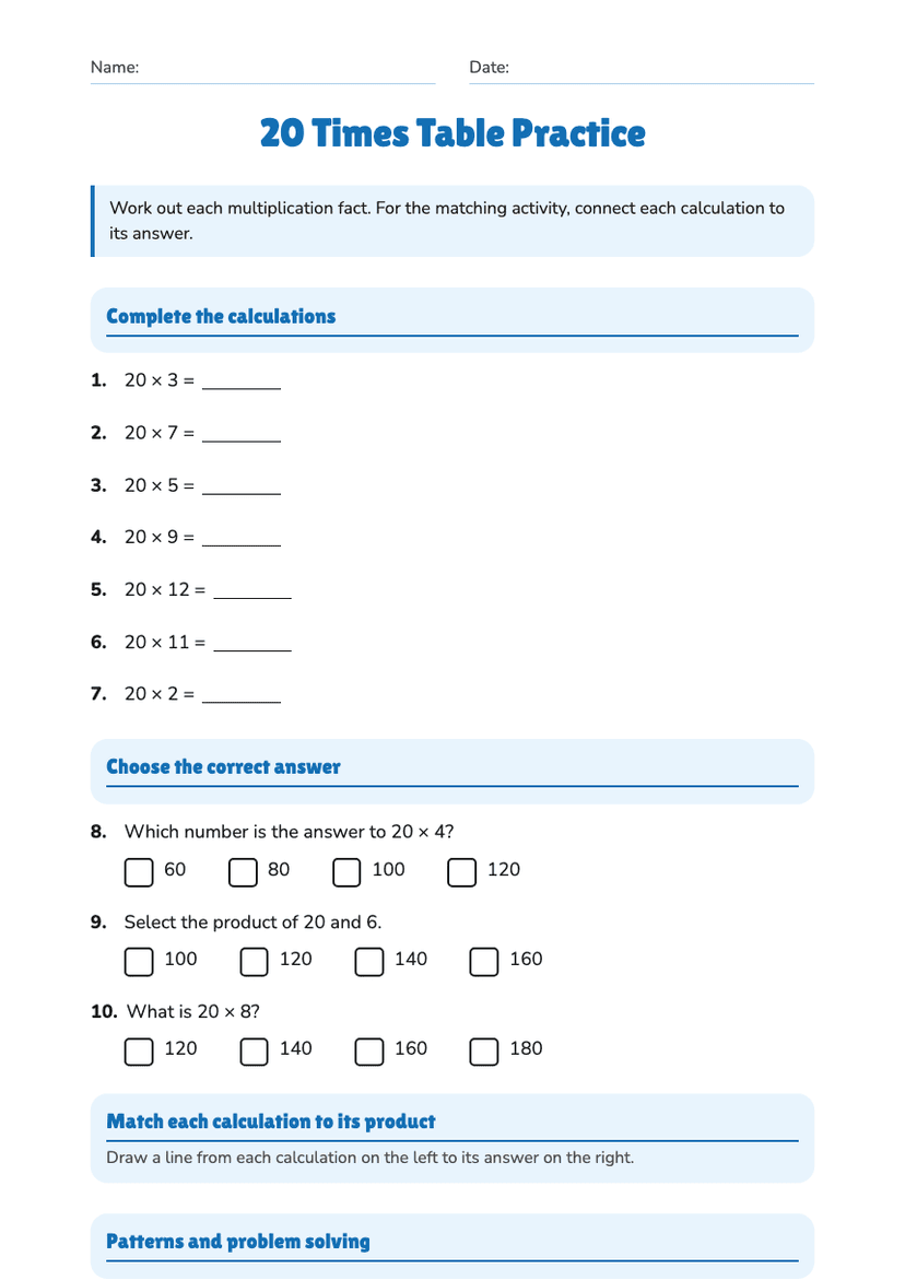 20 Times Table Practice