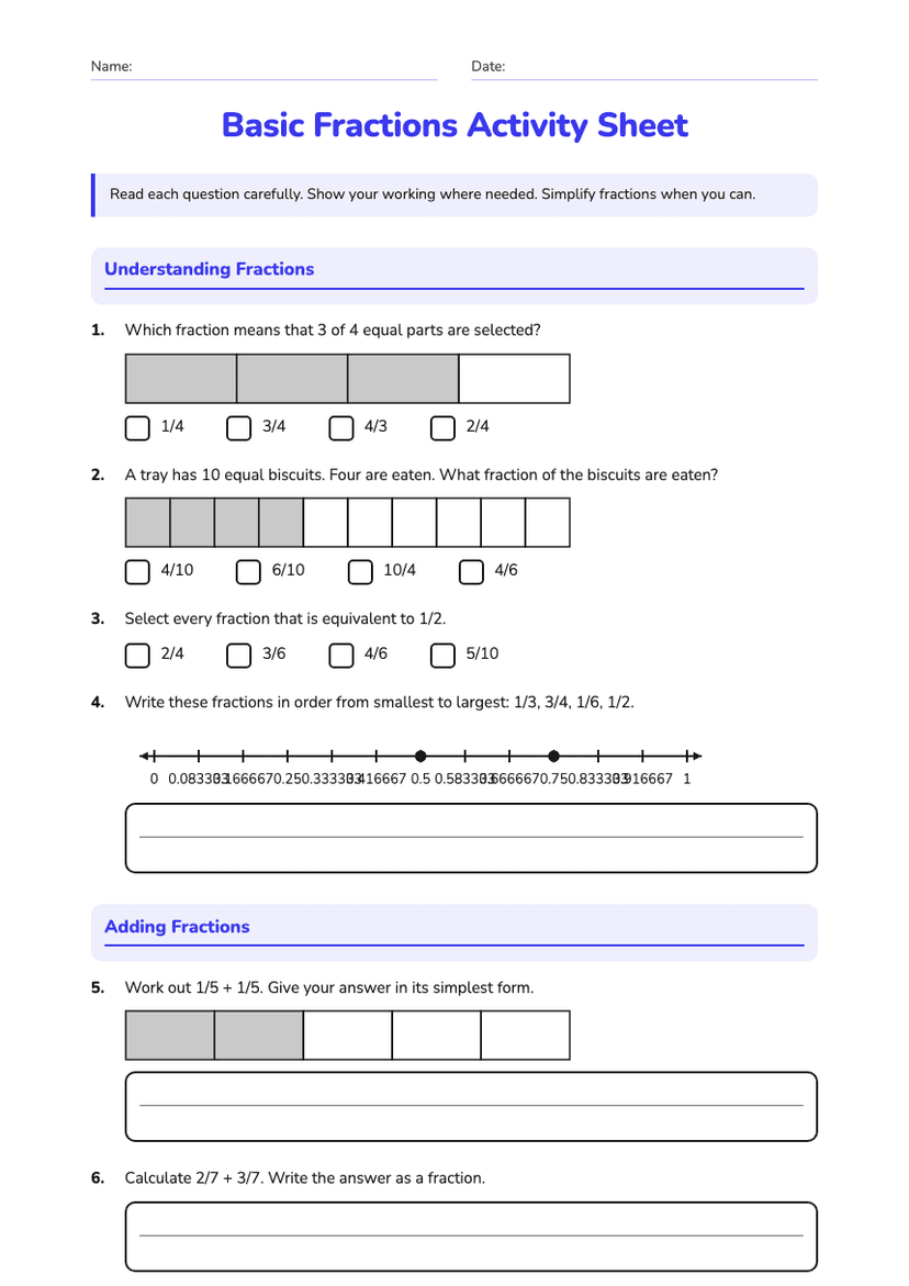 Basic Fractions Activity Sheet