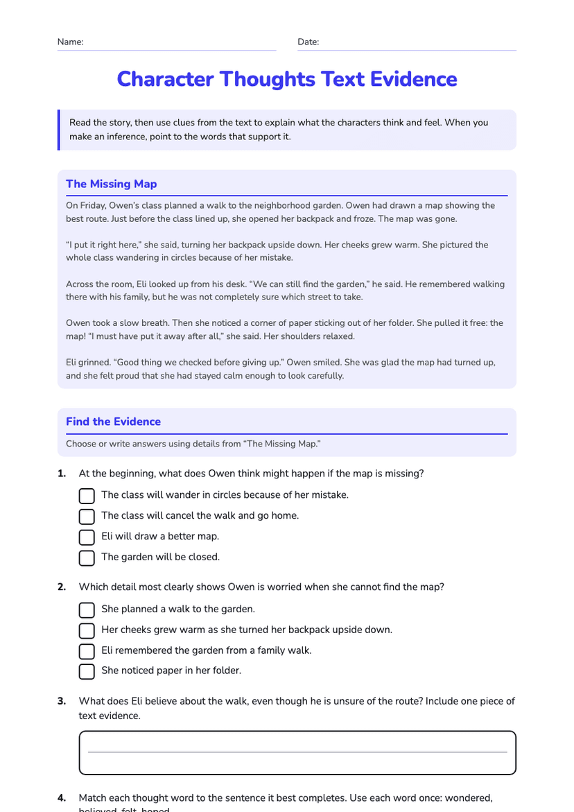 Character Thoughts Text Evidence