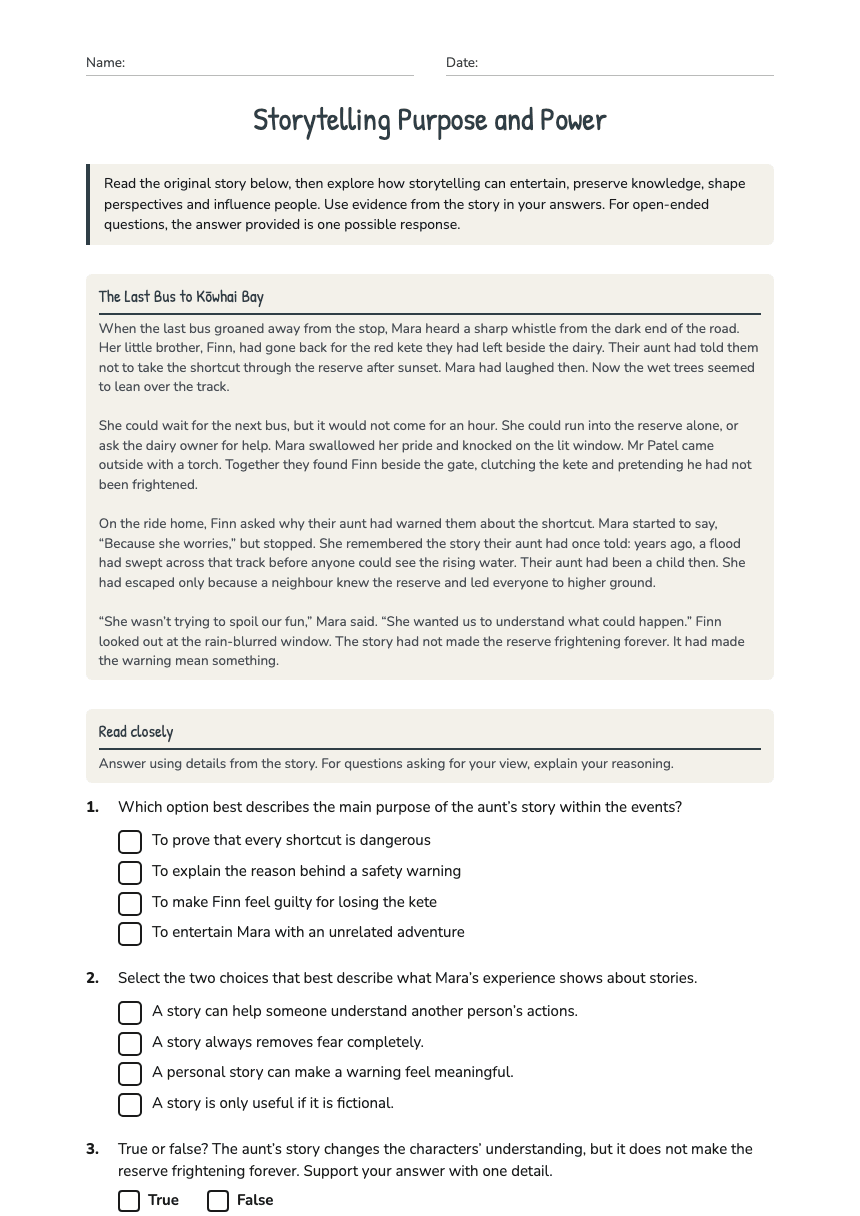 Storytelling Purpose and Power worksheet preview