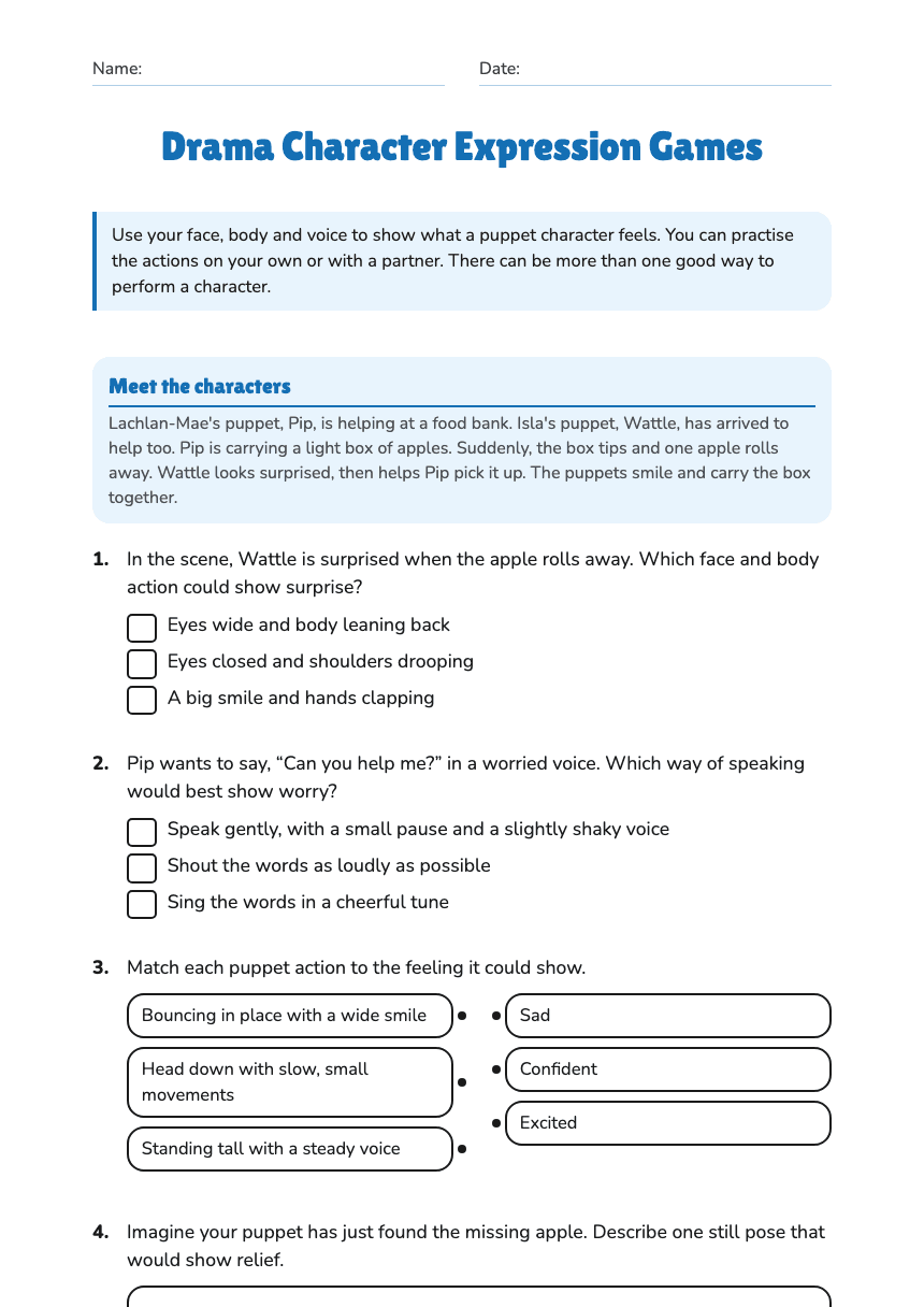 Drama Character Expression Games worksheet preview