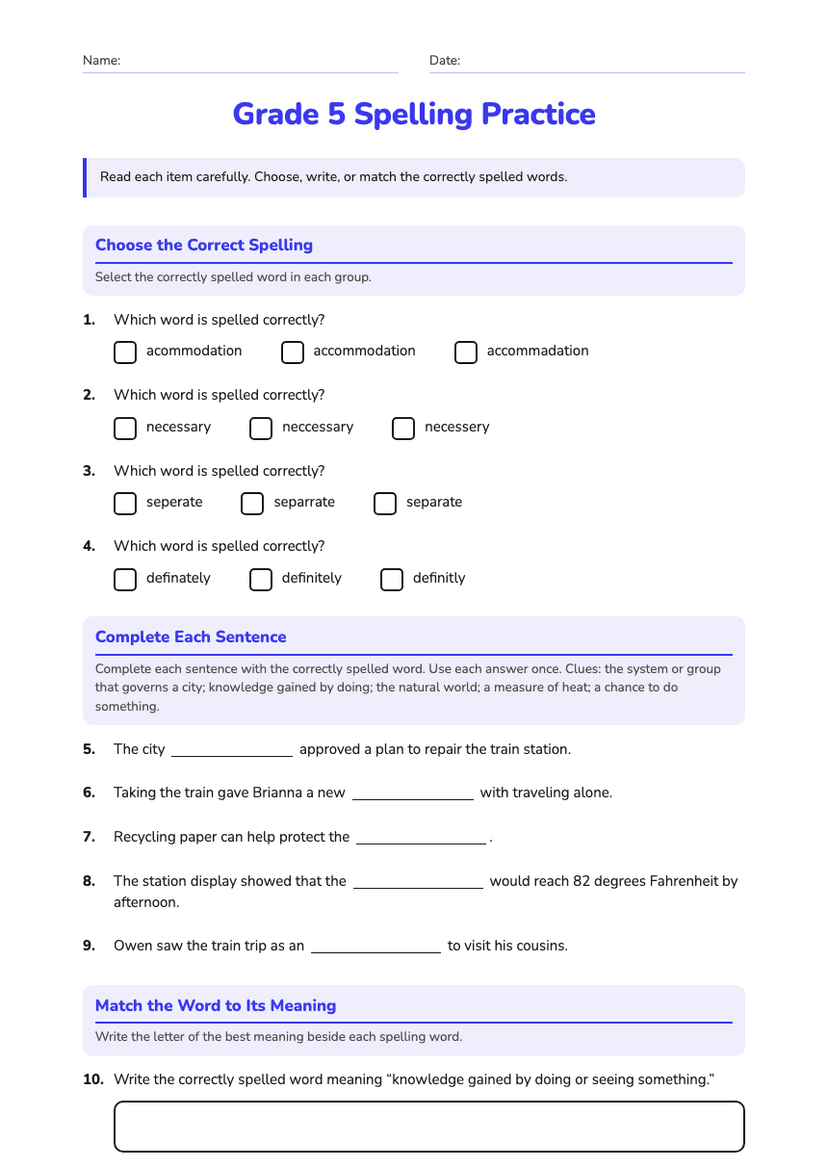 Grade 5 Spelling Practice