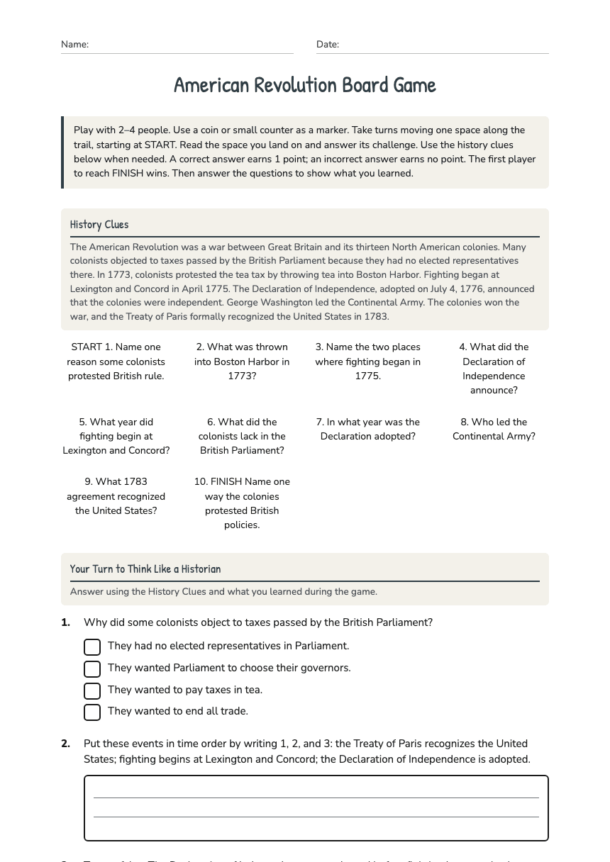 American Revolution Board Game worksheet preview