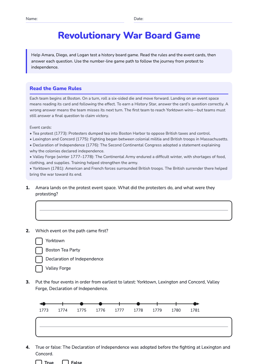 Revolutionary War Board Game worksheet preview