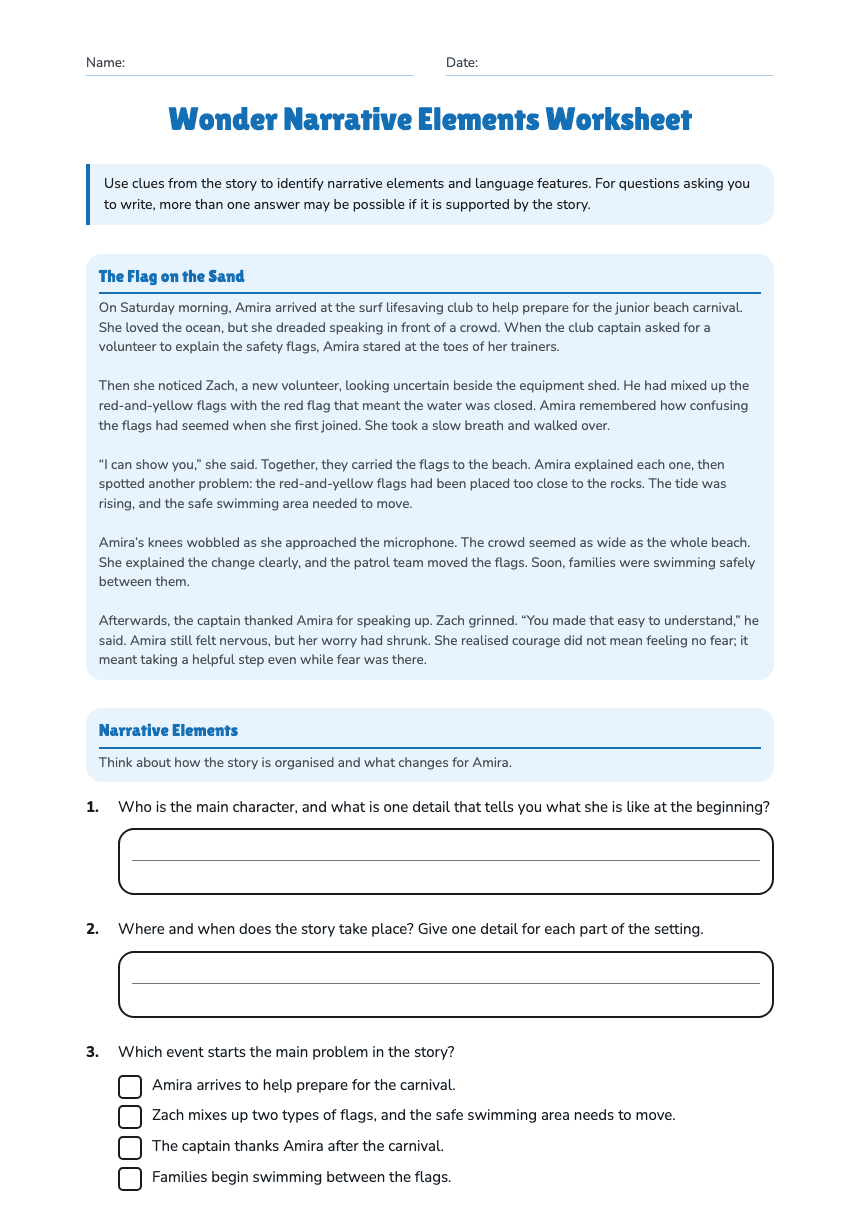 Wonder Narrative Elements Worksheet worksheet preview