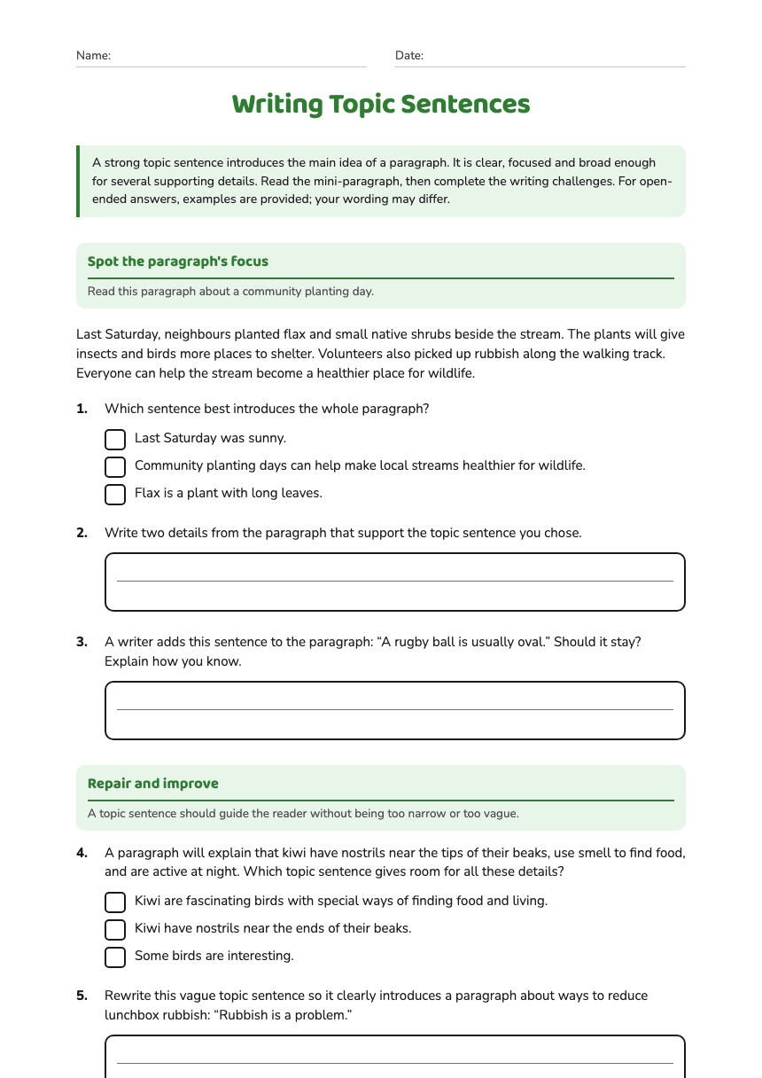 Writing Topic Sentences worksheet preview