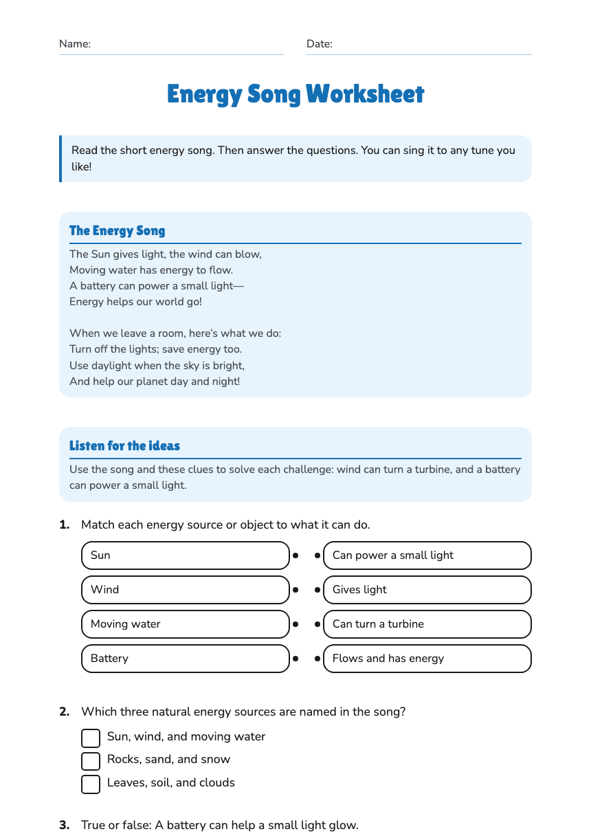 Energy Song Worksheet worksheet preview