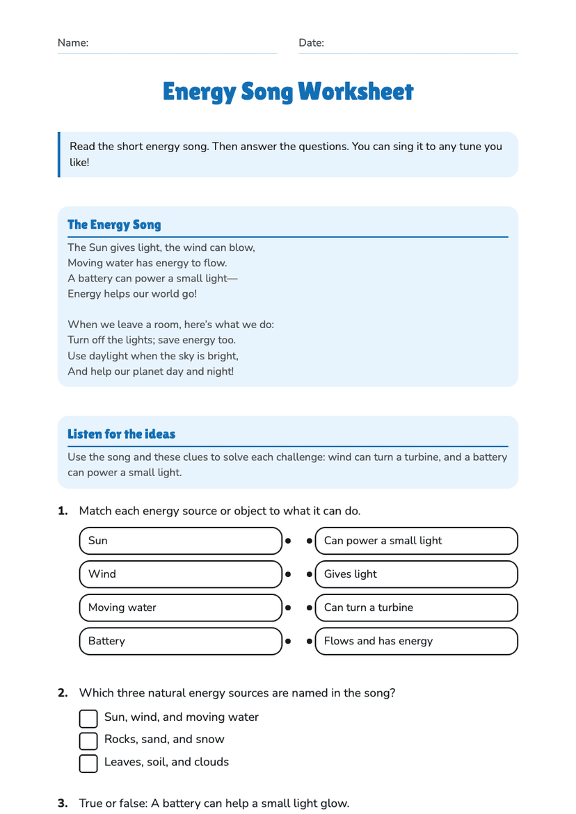 Energy Song Worksheet