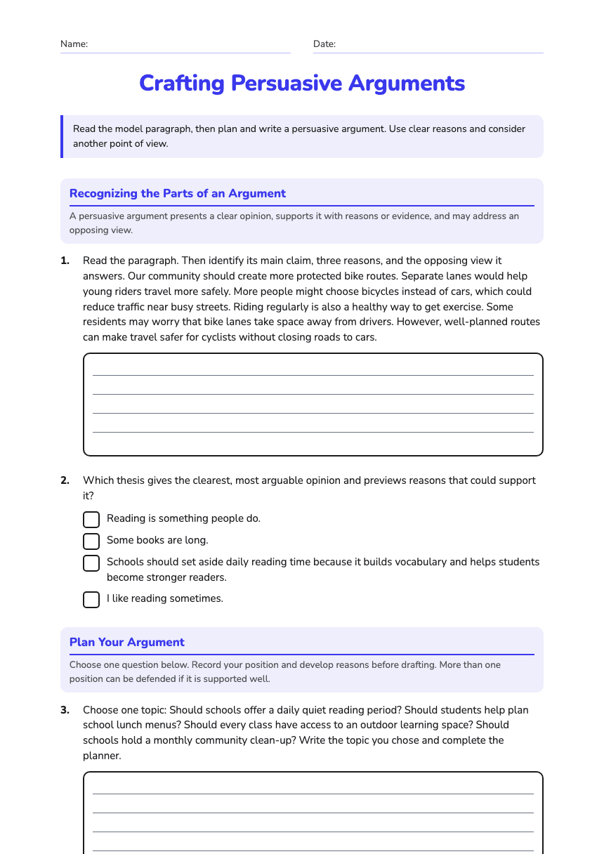 Crafting Persuasive Arguments worksheet preview