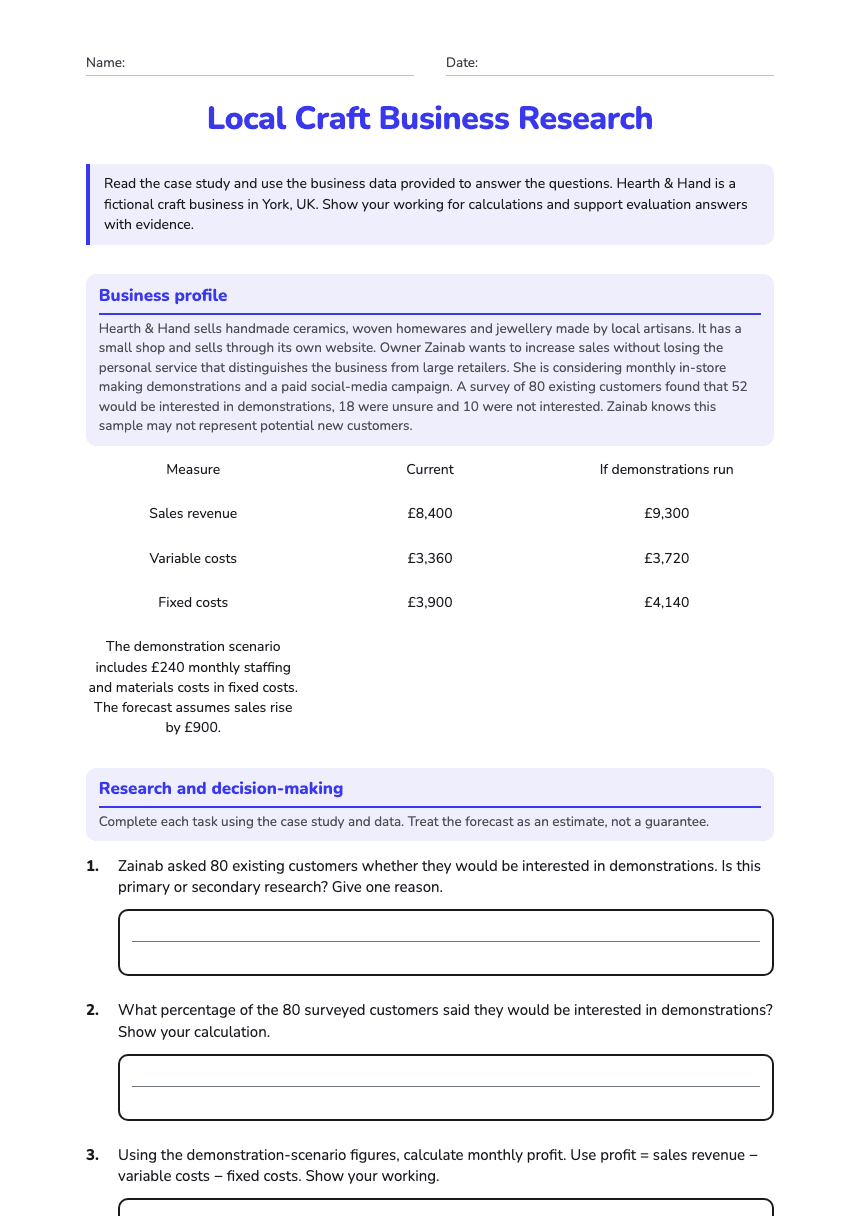 Local Craft Business Research worksheet preview