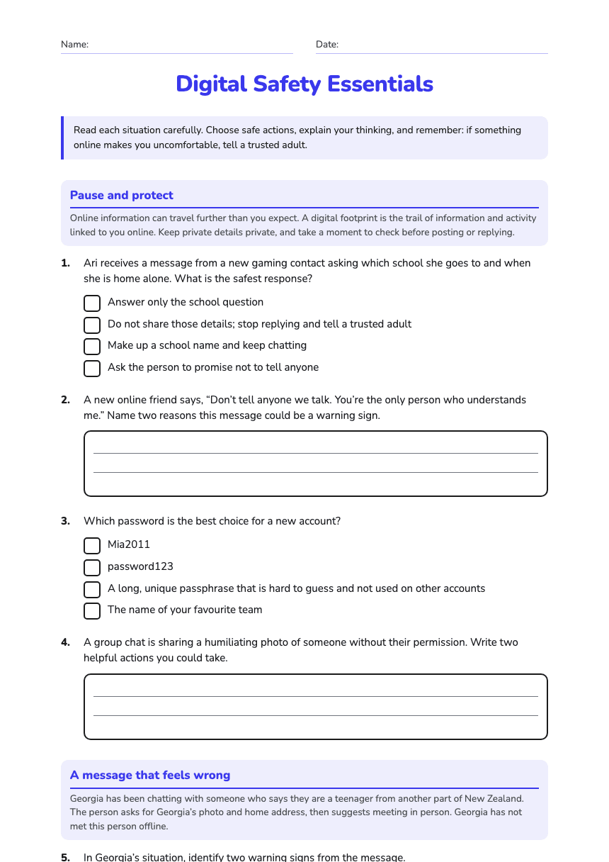 Digital Safety Essentials worksheet preview