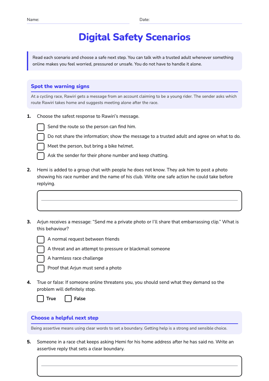 Digital Safety Scenarios worksheet preview