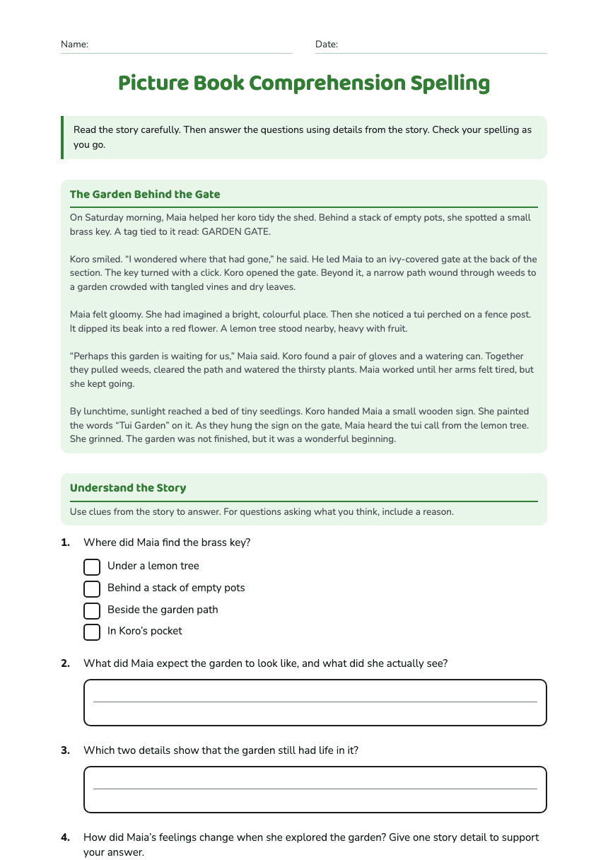 Picture Book Comprehension Spelling worksheet preview