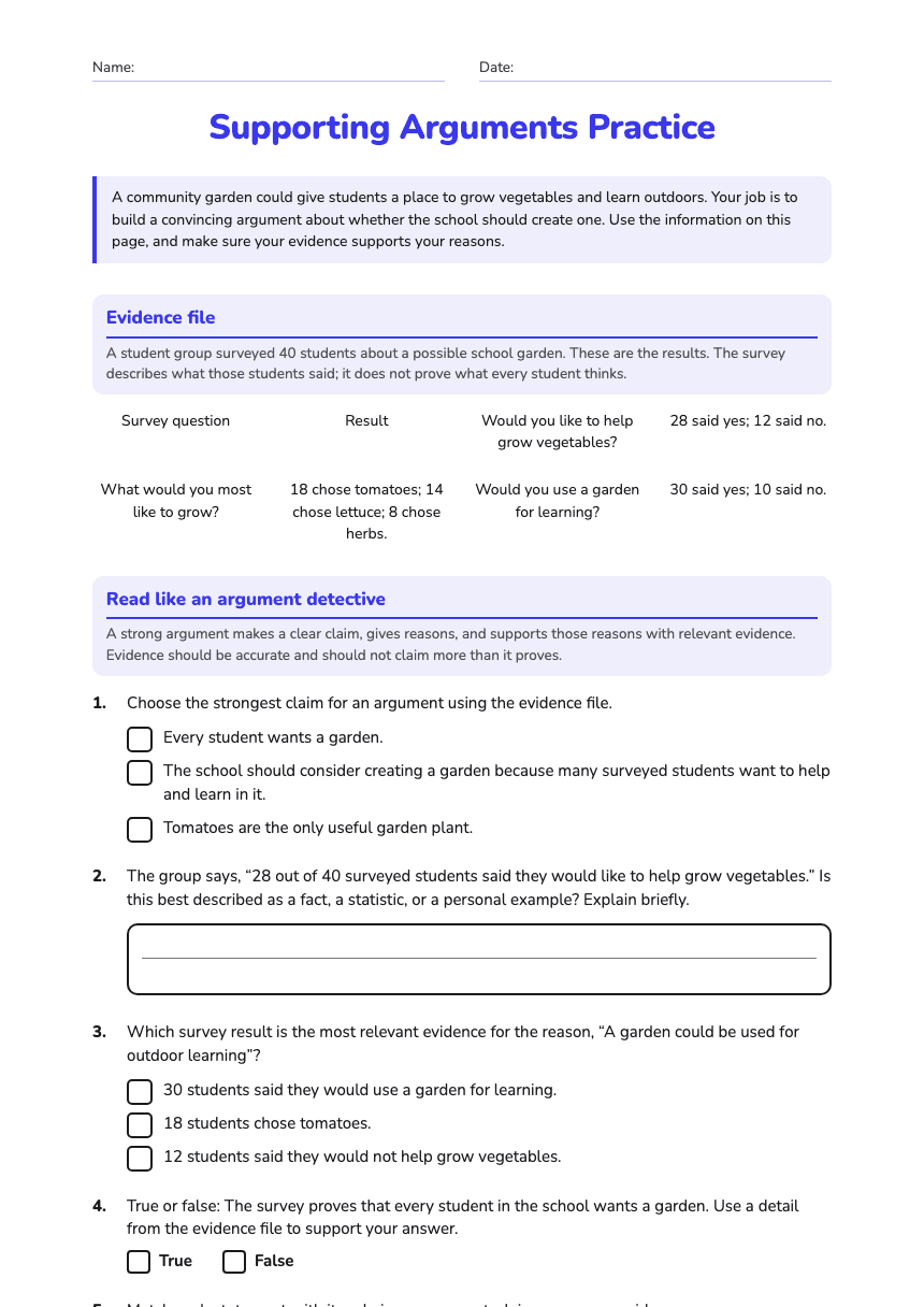 Supporting Arguments Practice worksheet preview