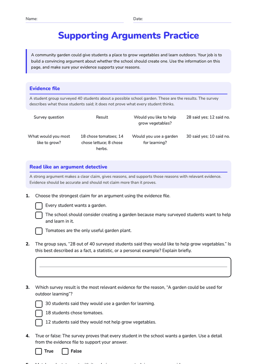 Supporting Arguments Practice