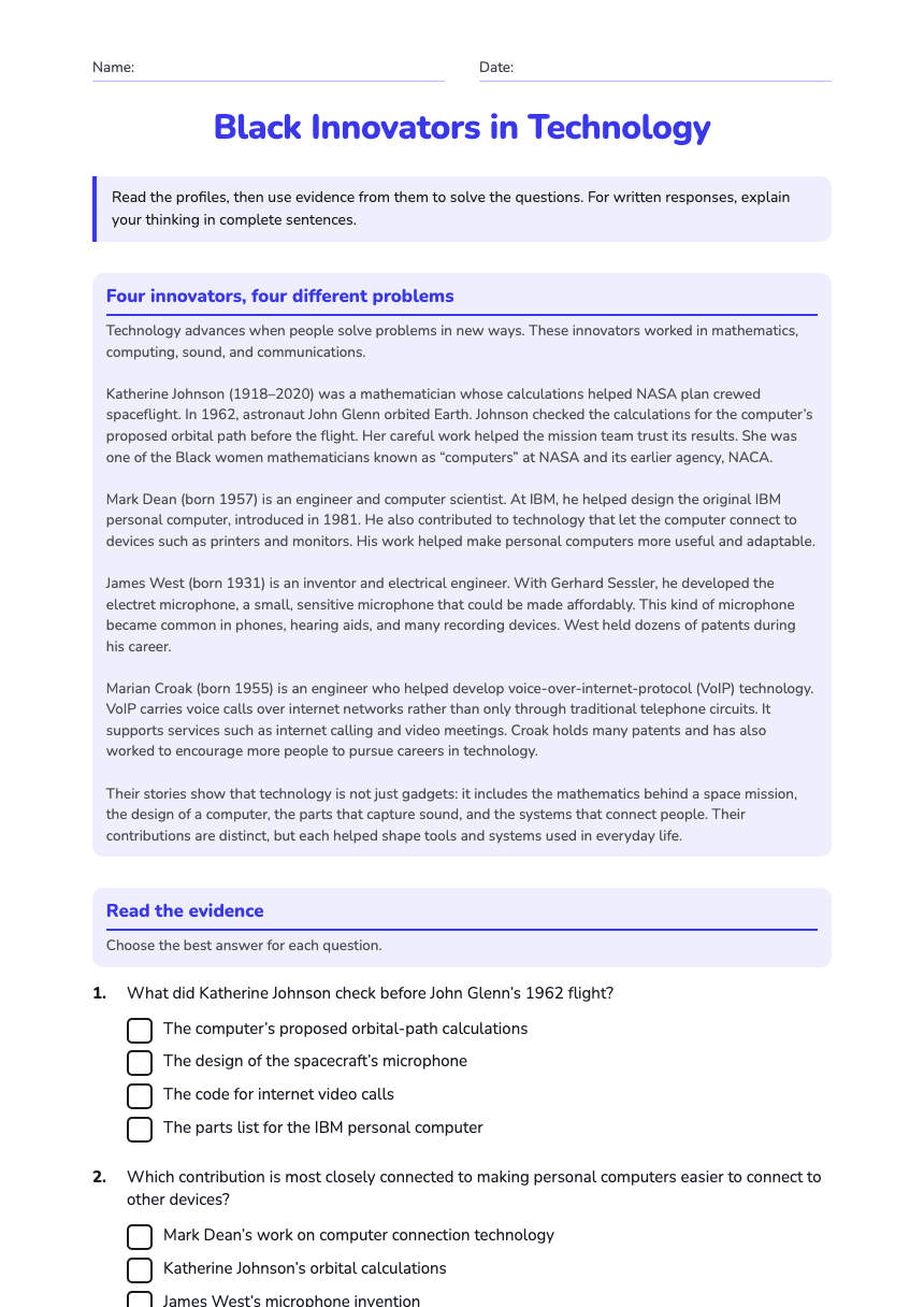Black Innovators in Technology worksheet preview
