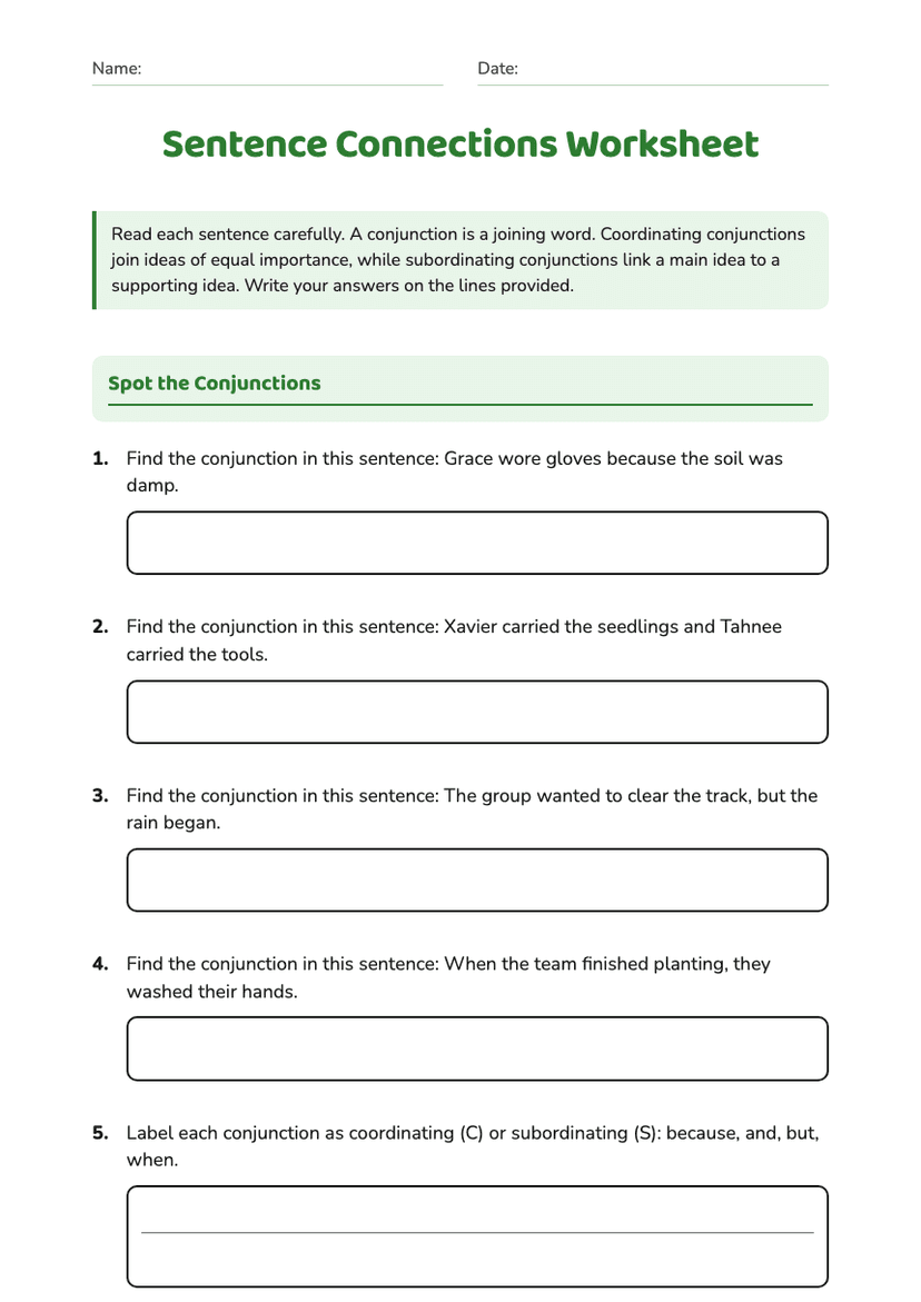 Sentence Connections Worksheet