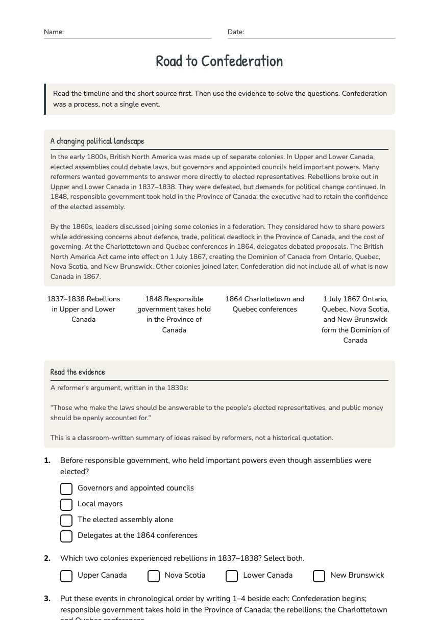 Road to Confederation worksheet preview