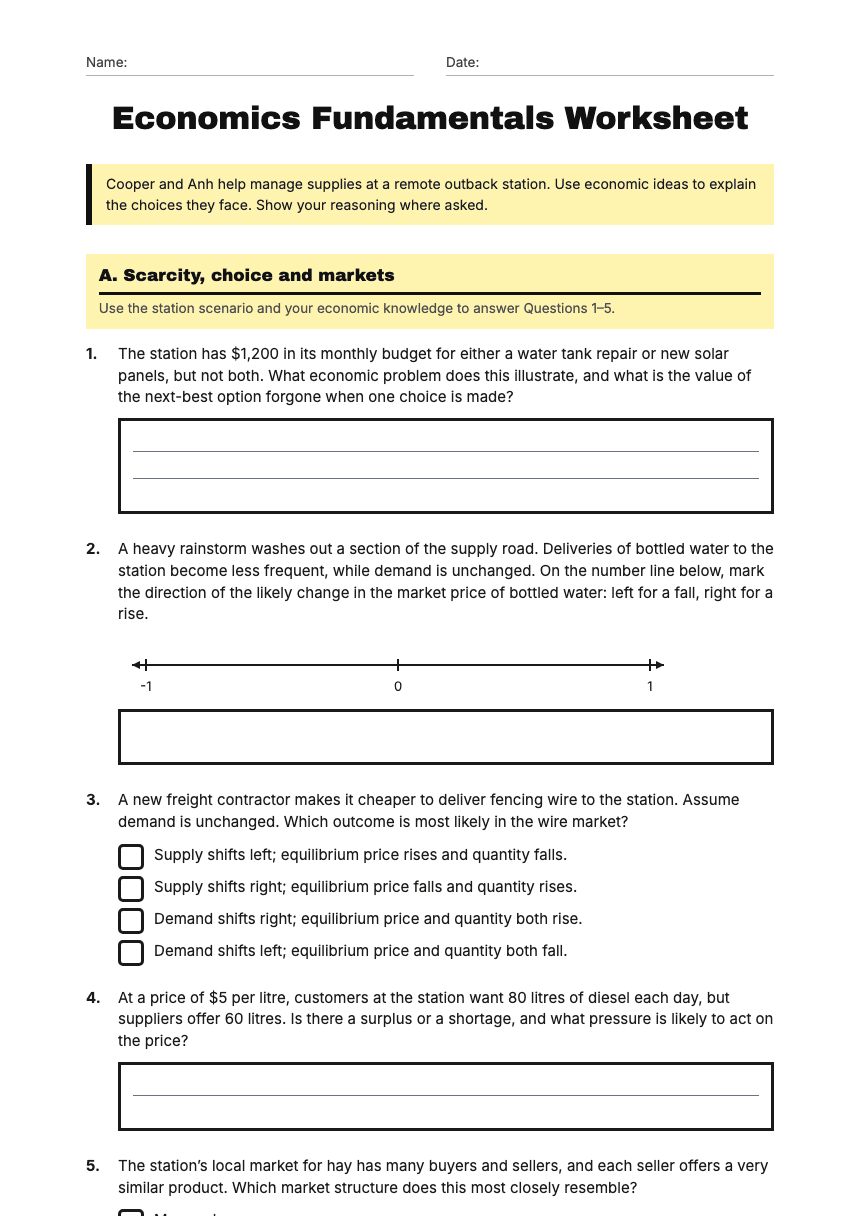 Economics Fundamentals Worksheet worksheet preview