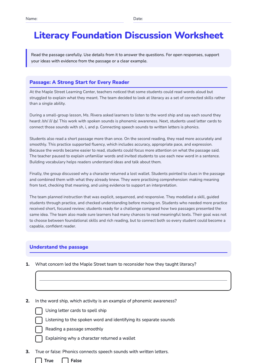 Literacy Foundation Discussion Worksheet worksheet preview