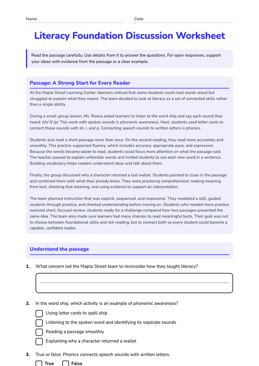 Literacy Foundation Discussion Worksheet