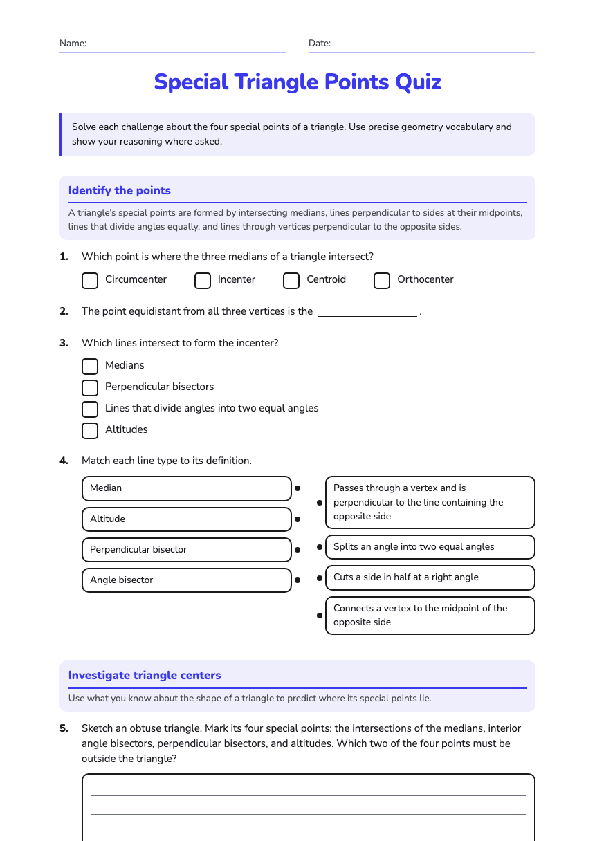 Special Triangle Points Quiz worksheet preview