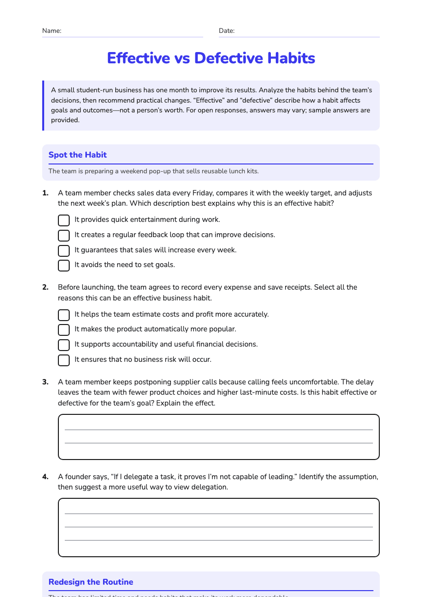 Effective vs Defective Habits worksheet preview