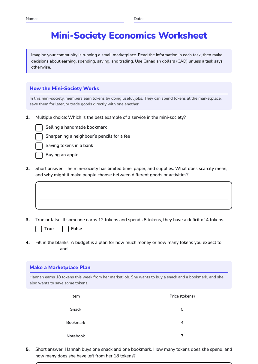 Mini-Society Economics Worksheet worksheet preview