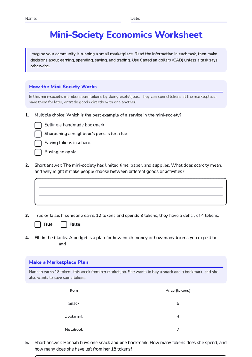 Mini-Society Economics Worksheet