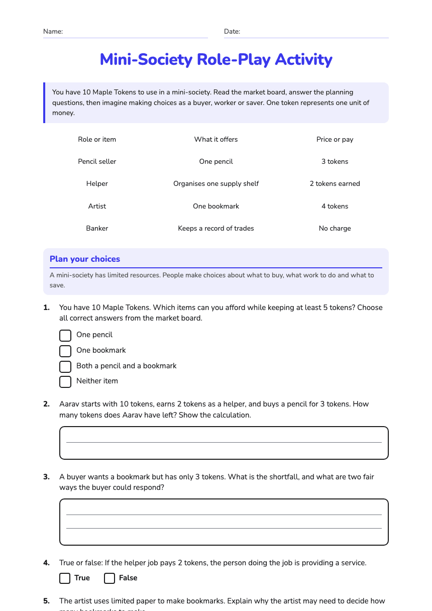 Mini-Society Role-Play Activity worksheet preview