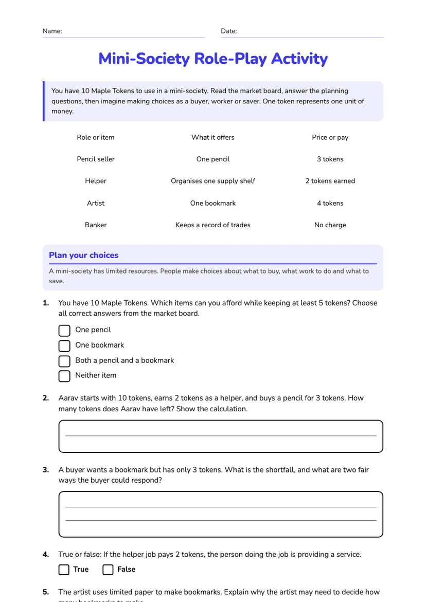 Mini-Society Role-Play Activity
