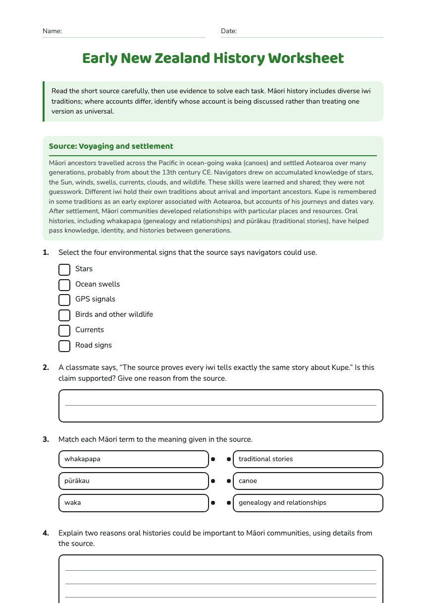 Early New Zealand History Worksheet worksheet preview