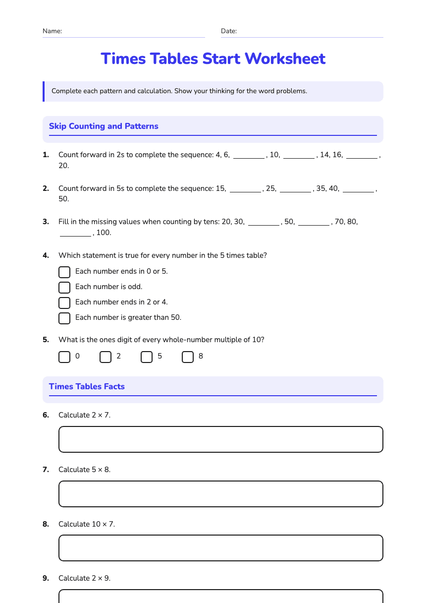 Times Tables Start Worksheet worksheet preview