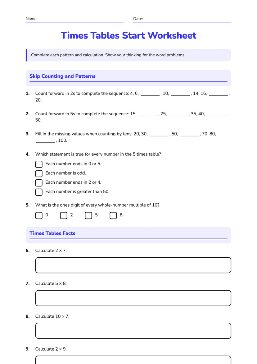 Times Tables Start Worksheet