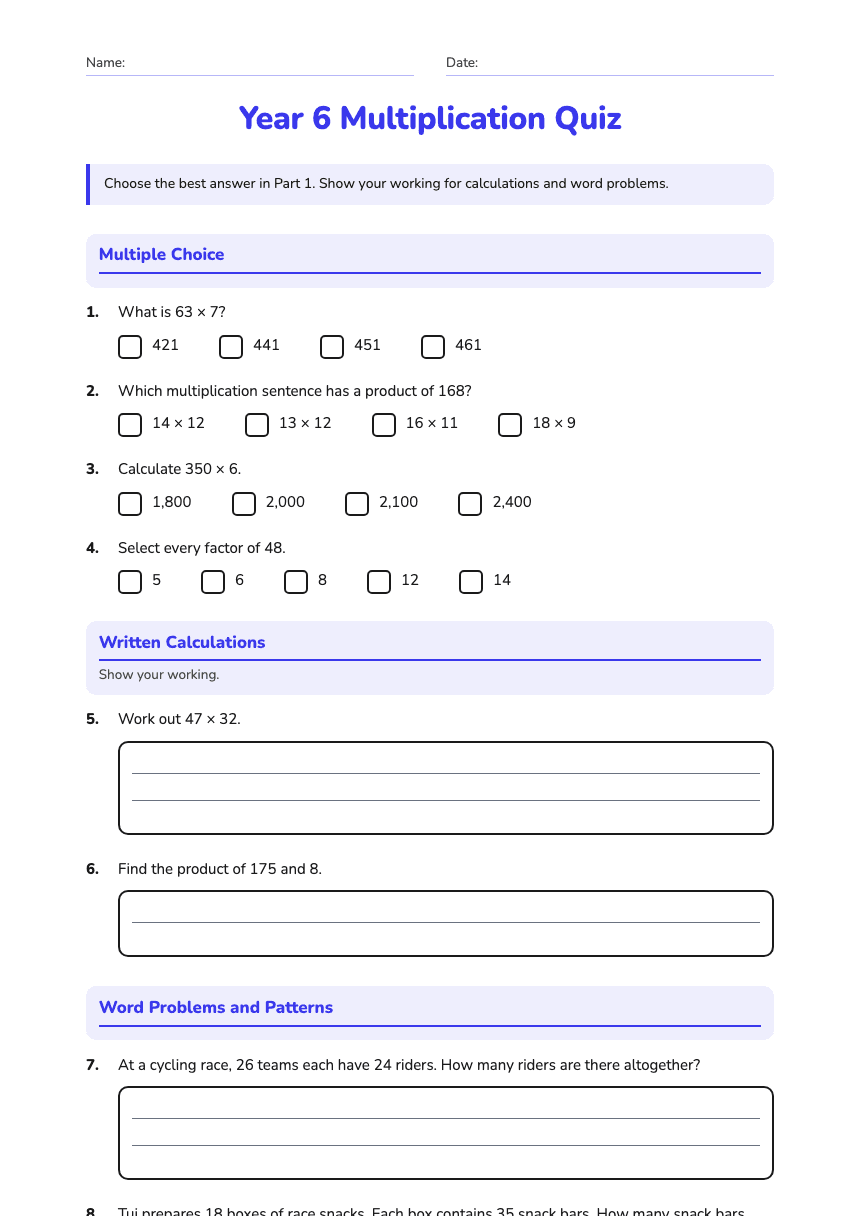 Year 6 Multiplication Quiz worksheet preview