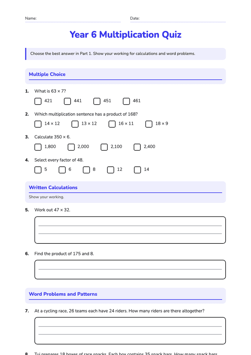 Year 6 Multiplication Quiz