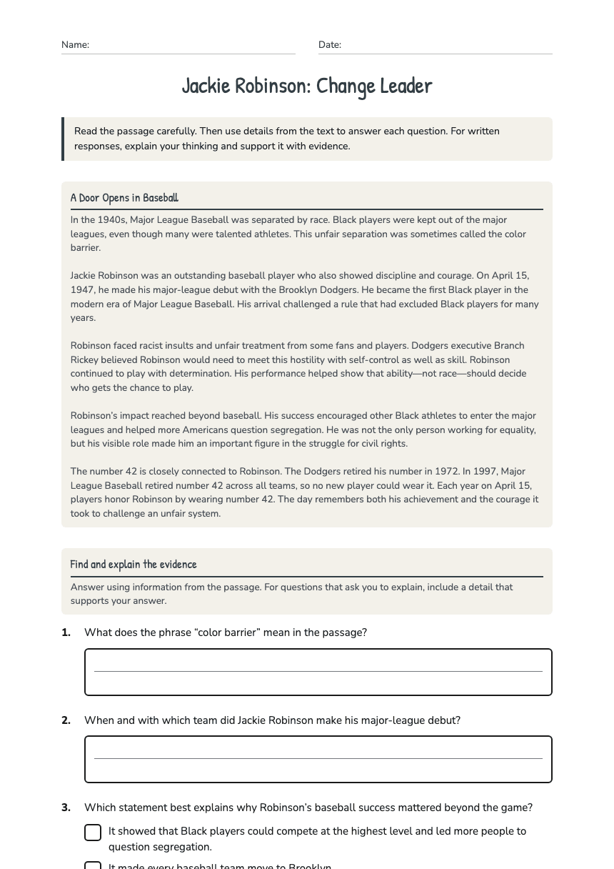 Jackie Robinson: Change Leader worksheet preview