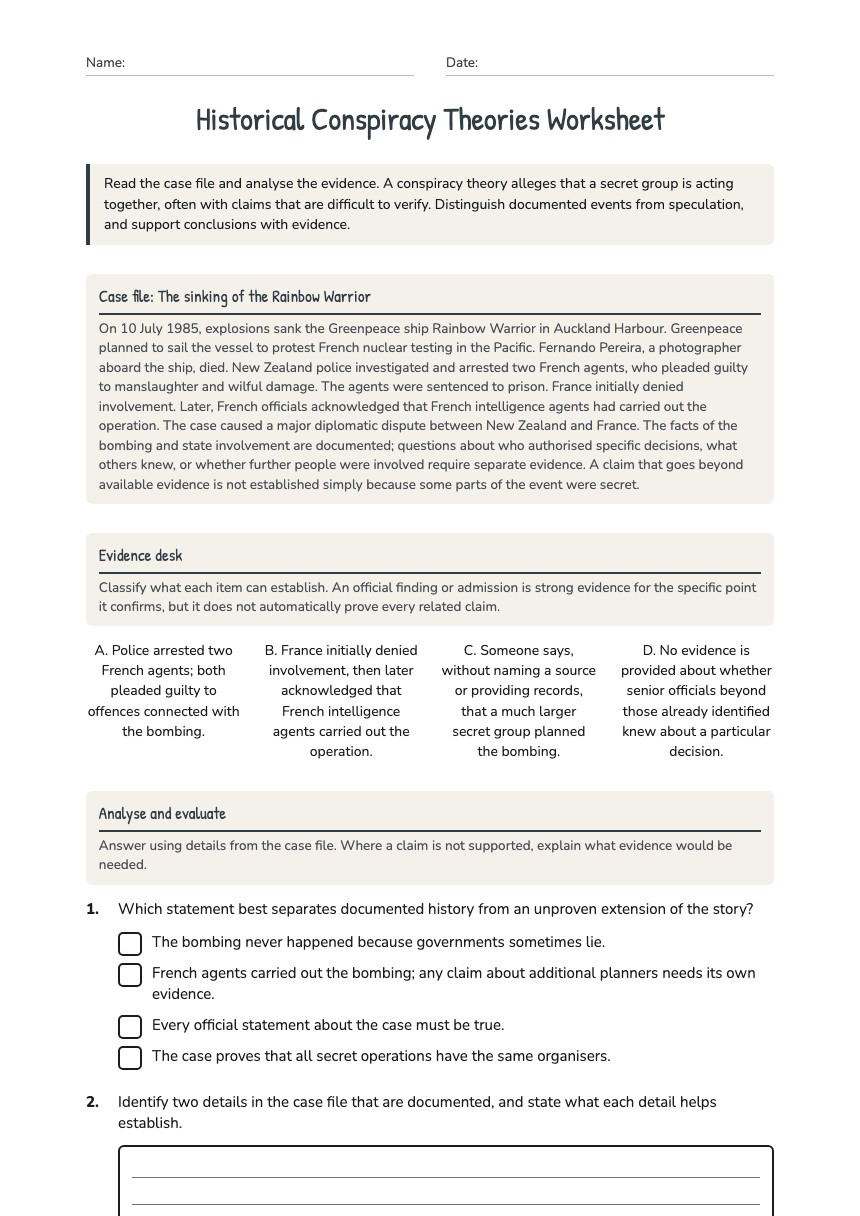 Historical Conspiracy Theories Worksheet worksheet preview