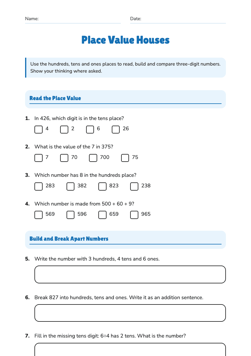 Place Value Houses worksheet preview