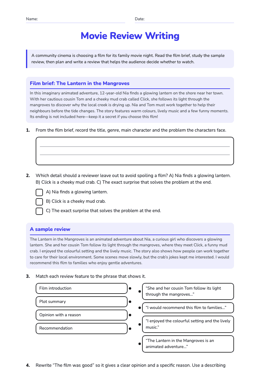 Movie Review Writing worksheet preview