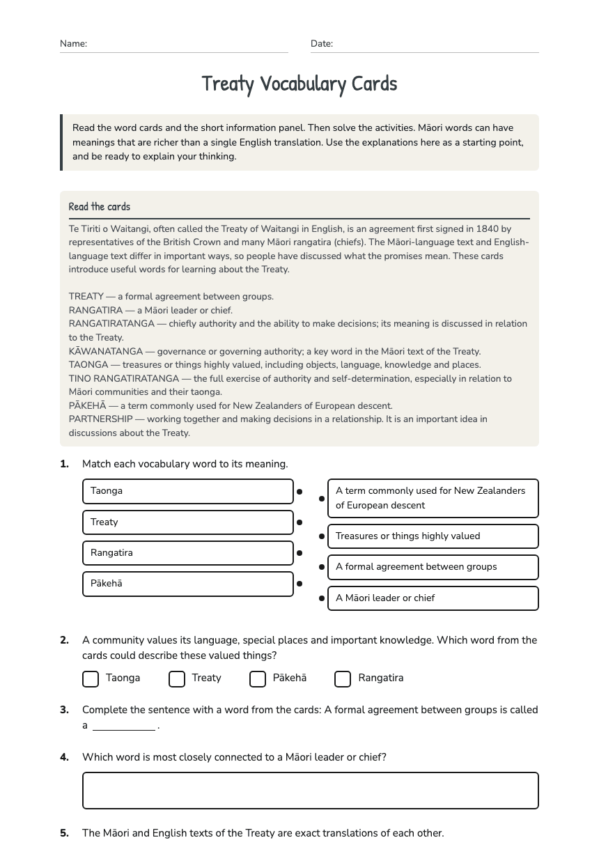 Treaty Vocabulary Cards worksheet preview