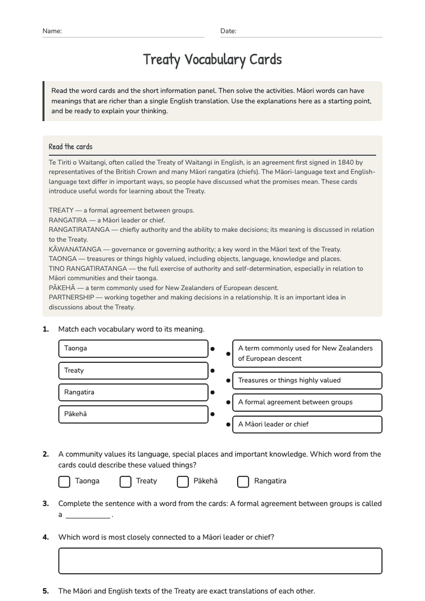 Treaty Vocabulary Cards