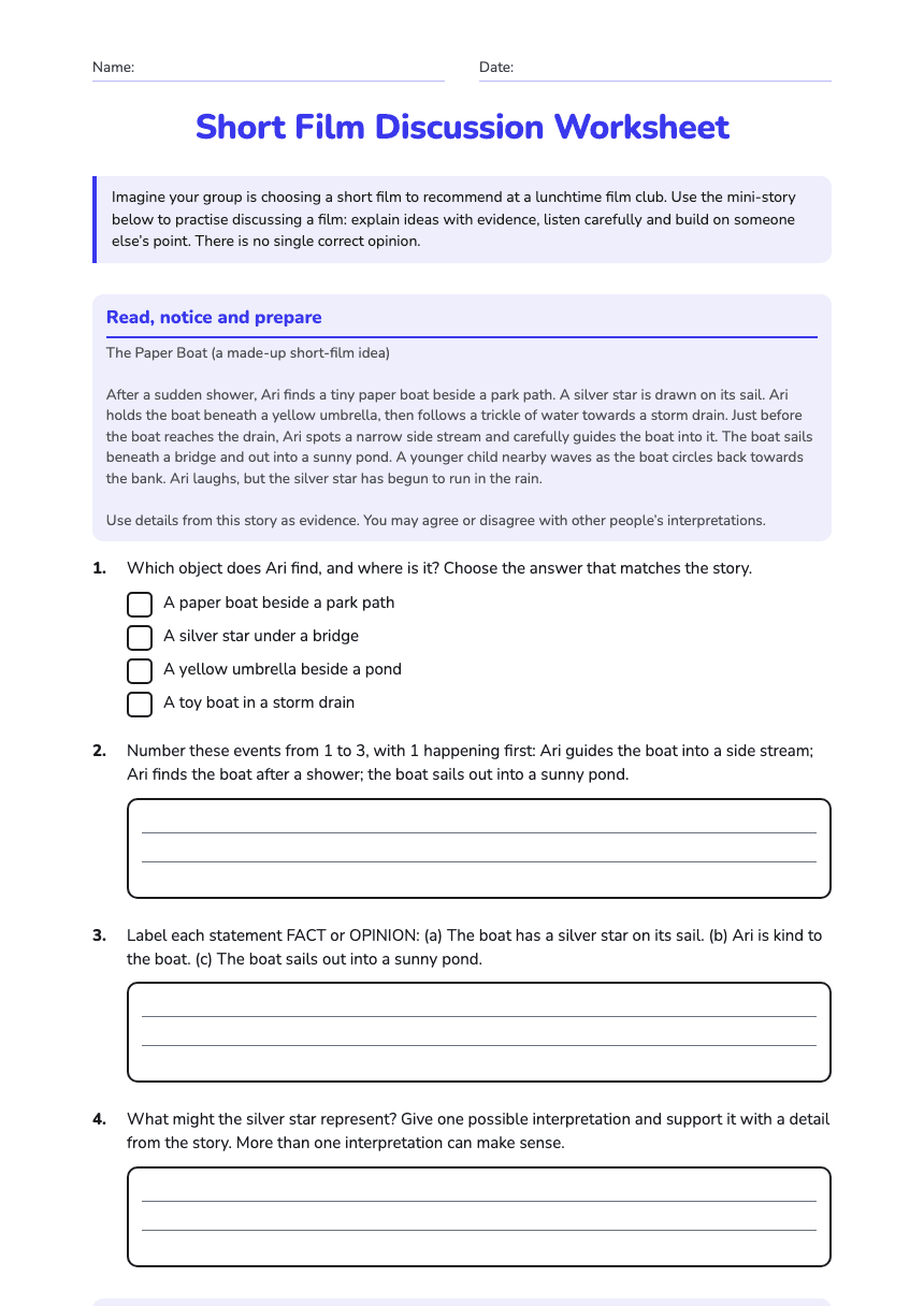 Short Film Discussion Worksheet worksheet preview