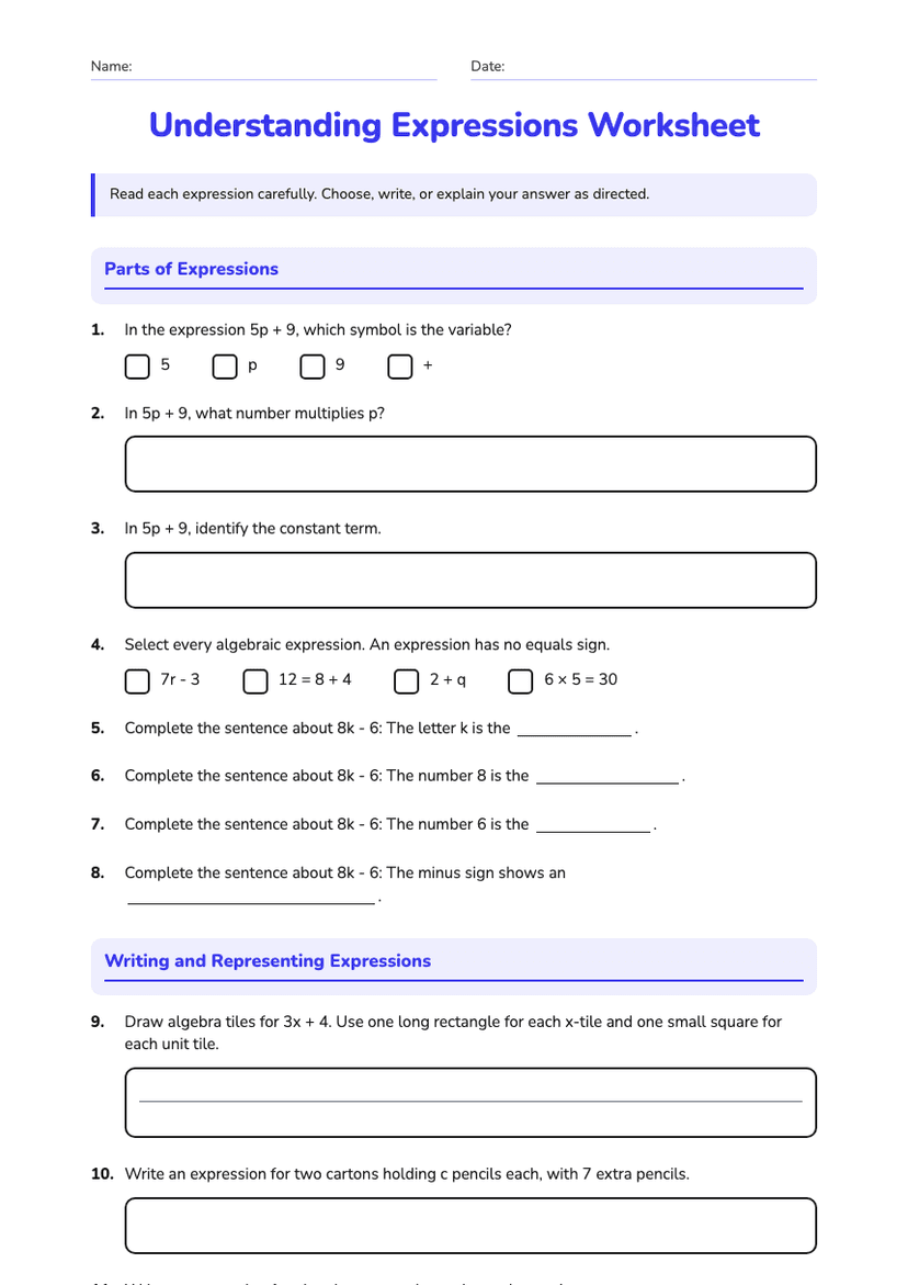 Understanding Expressions Worksheet