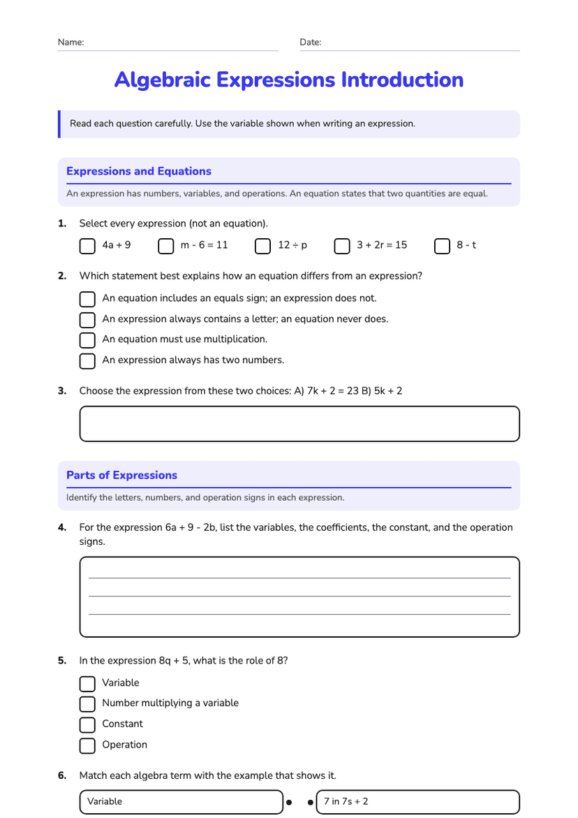 Algebraic Expressions Introduction