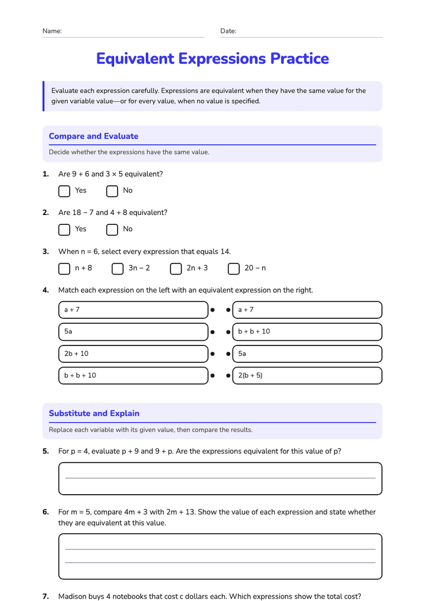 Equivalent Expressions Practice