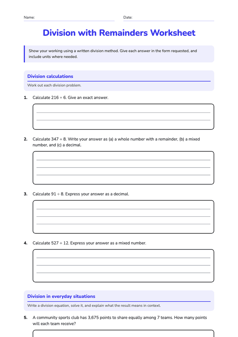 Division with Remainders Worksheet