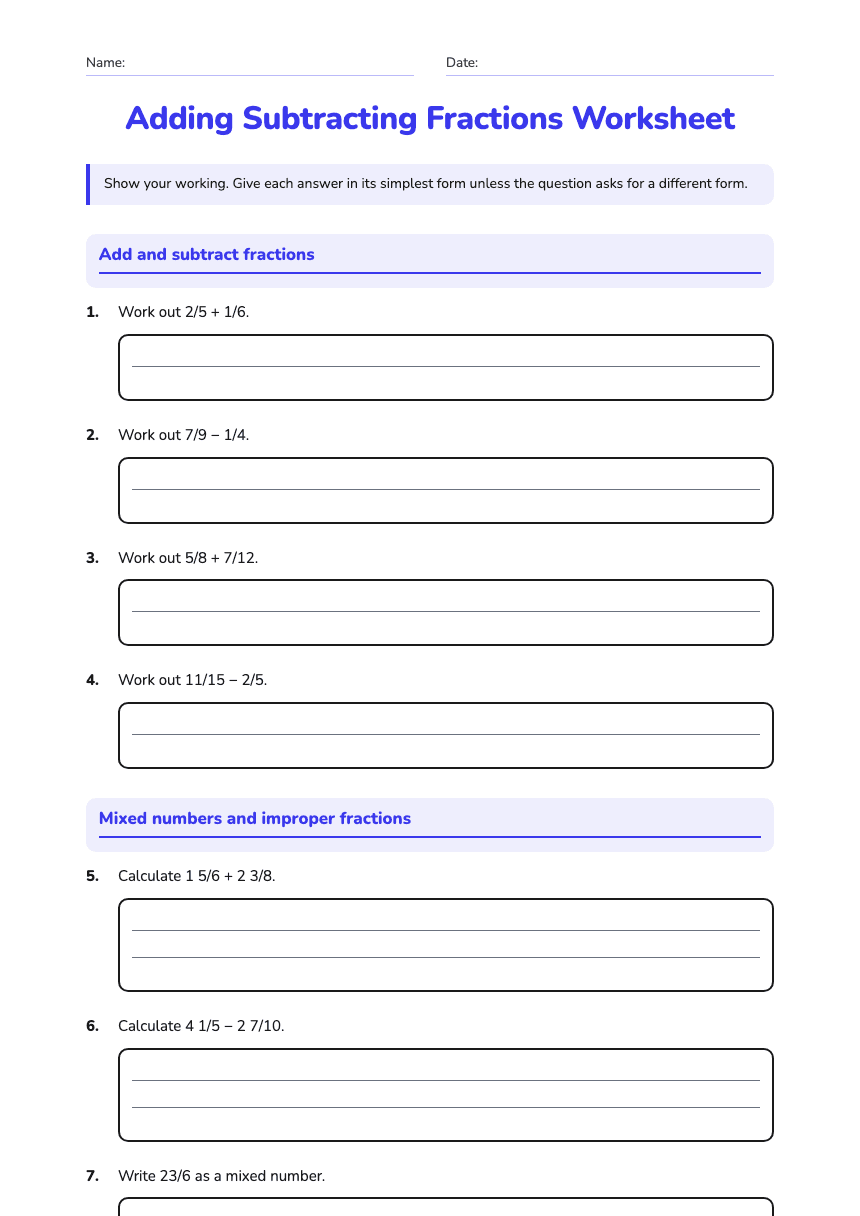 Adding Subtracting Fractions Worksheet worksheet preview