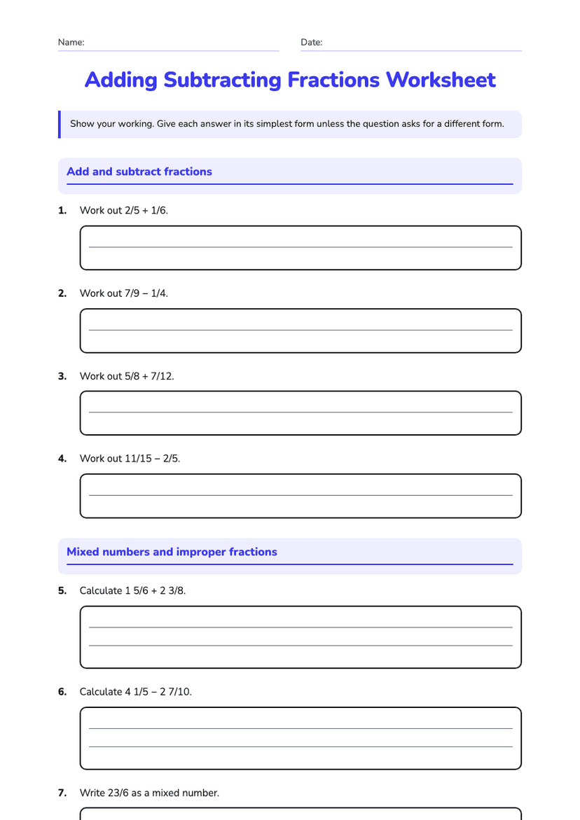 Adding Subtracting Fractions Worksheet