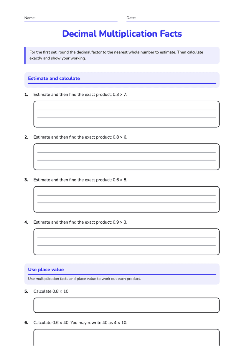 Decimal Multiplication Facts